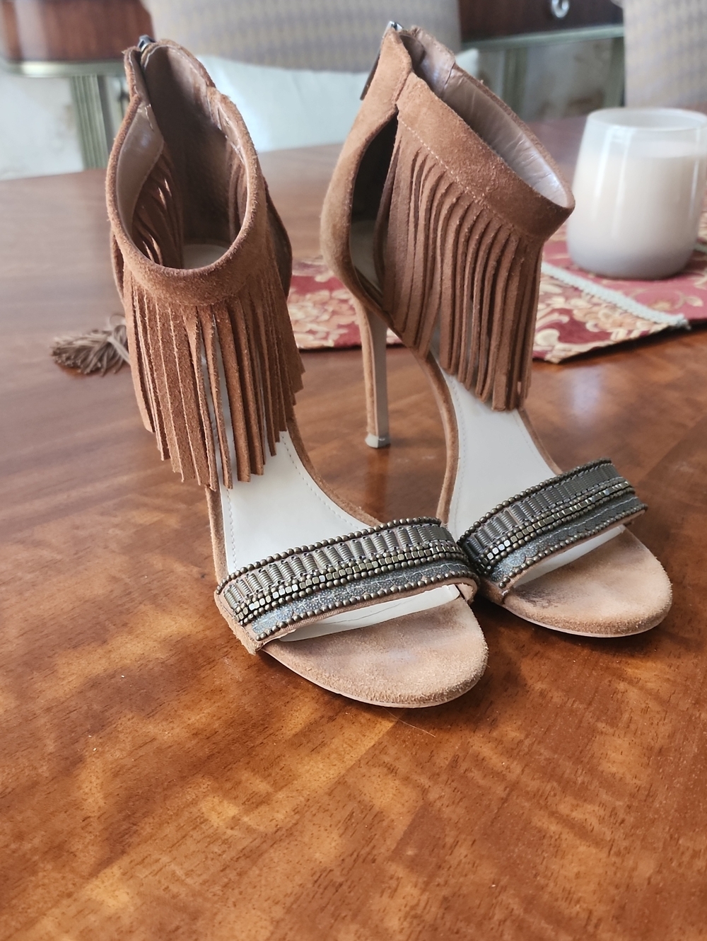 Vince Camuto Fringe Ankle-Strap High Heel Sandals - Brown